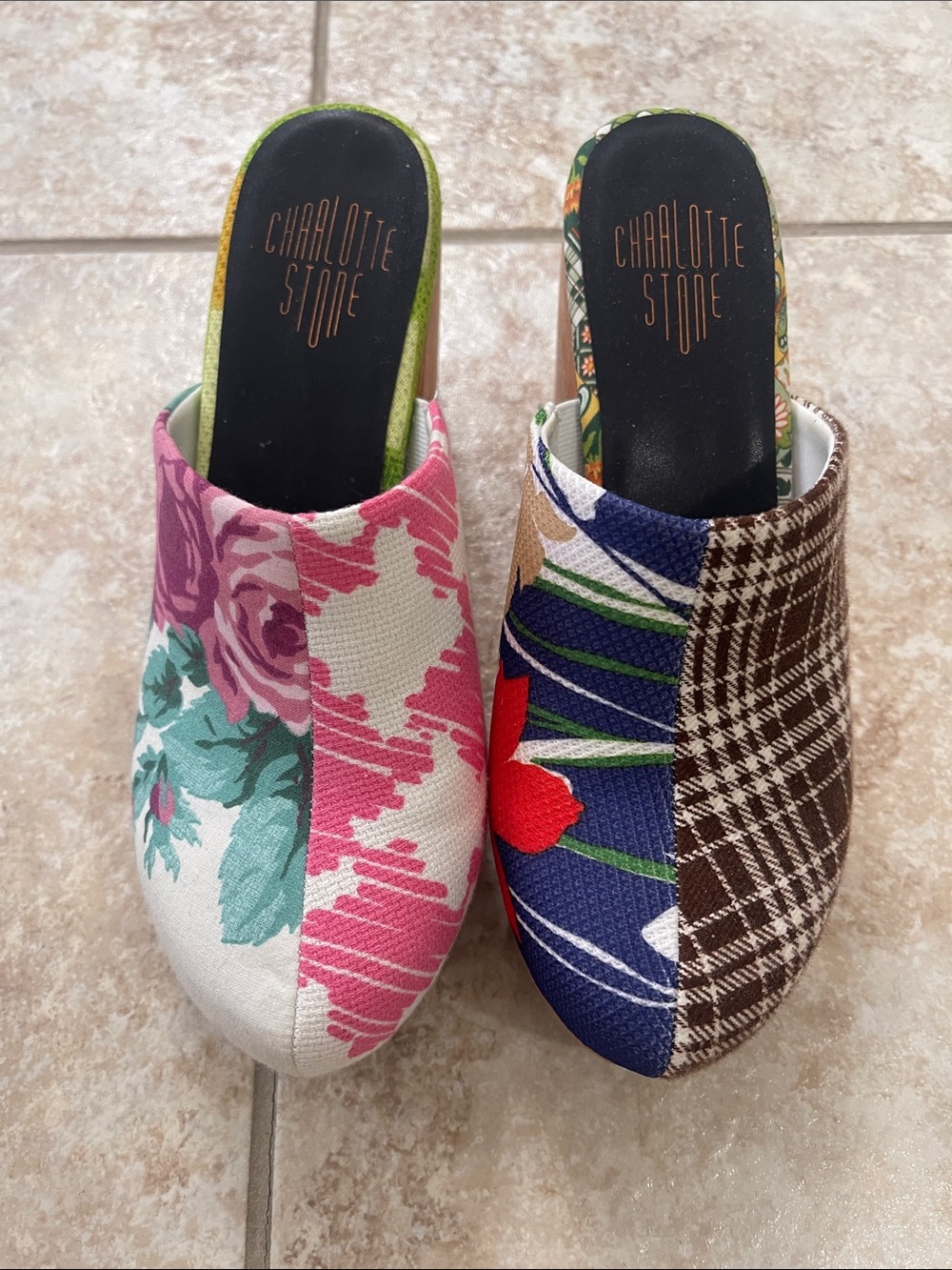 White and Pink Patterned Womens Platform Mule